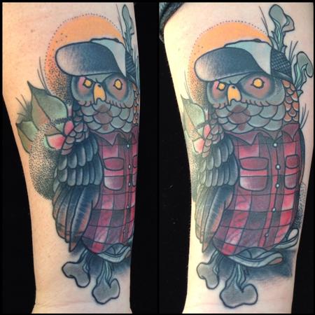 Tattoos - traditional color owl with hat and flannel shirt tattoo, Gary Dunn Art Junkies Tattoo - 81066